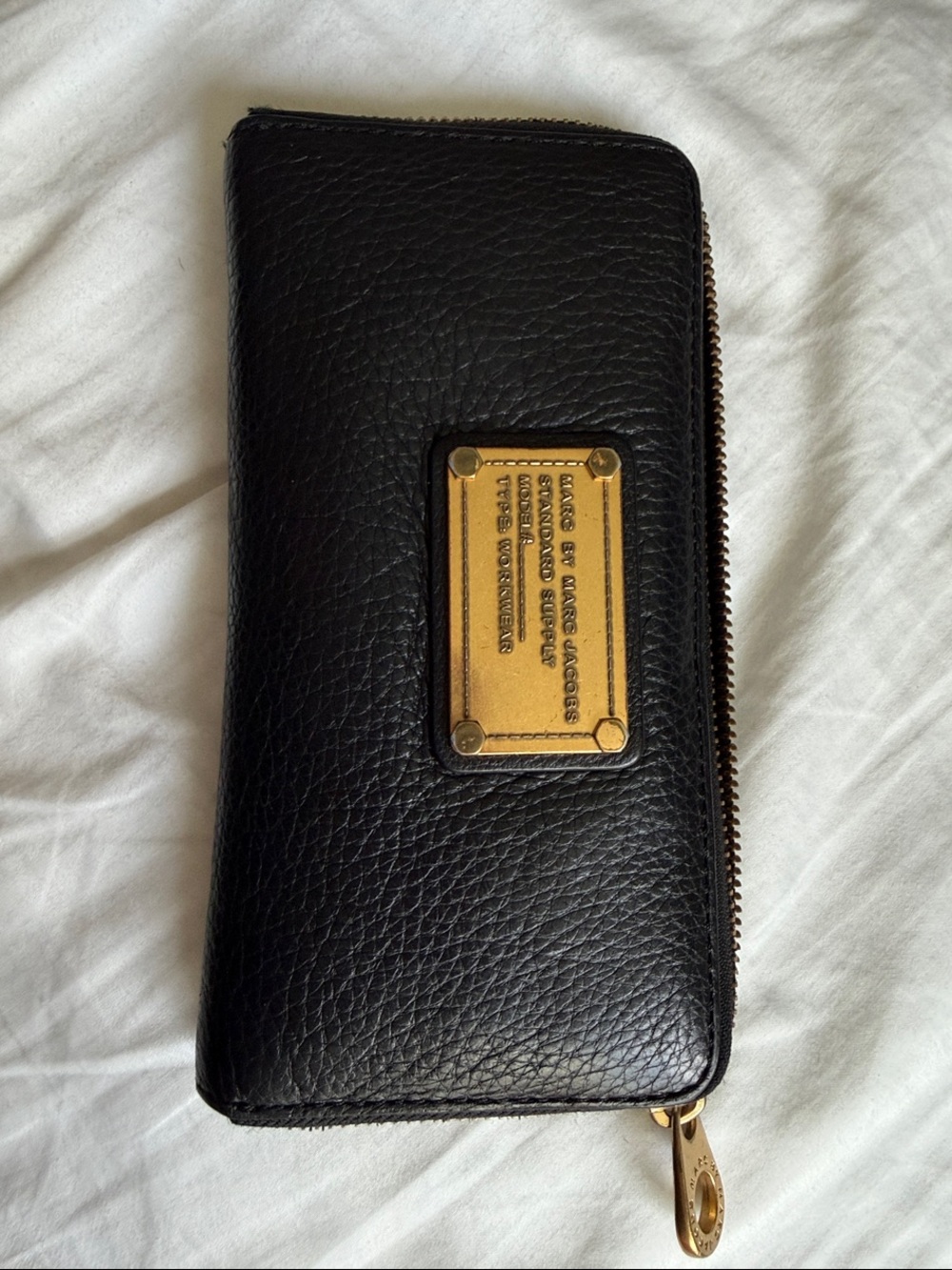Marc by Marc Jacobs Black Leather Zip Around Wallet with Gold Plaque